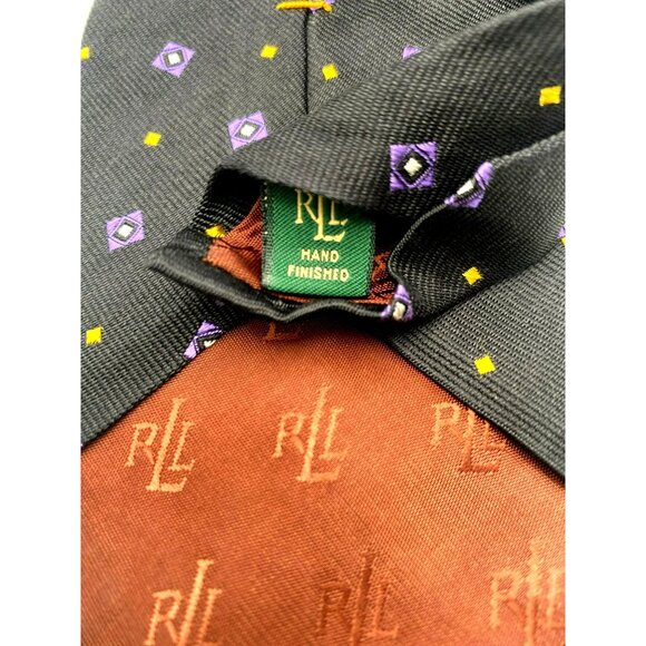 Lauren Ralph Lauren Mens Hand Finished Silk Black Purple Yellow Tie Geometric - Picture 6 of 6